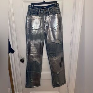 Fashion Nova Silver Foil Jeans